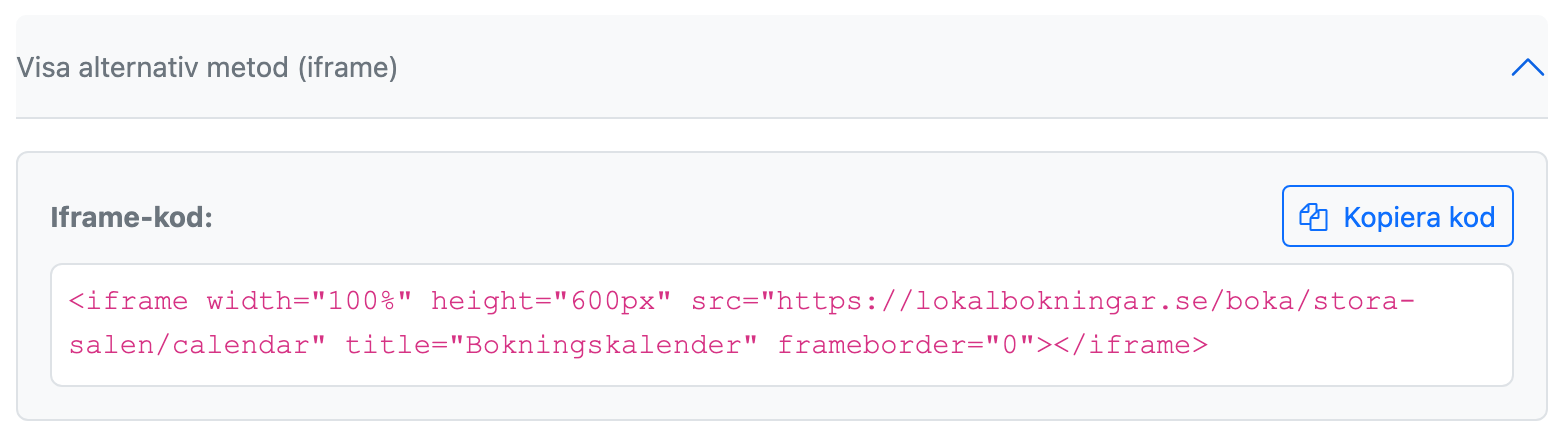 Dialogen Bädda in kalendern med iframe-koden