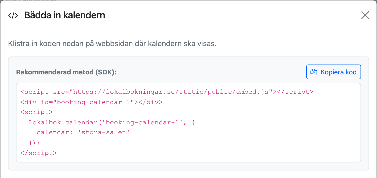 Dialogen Bädda in kalendern med SDK-koden