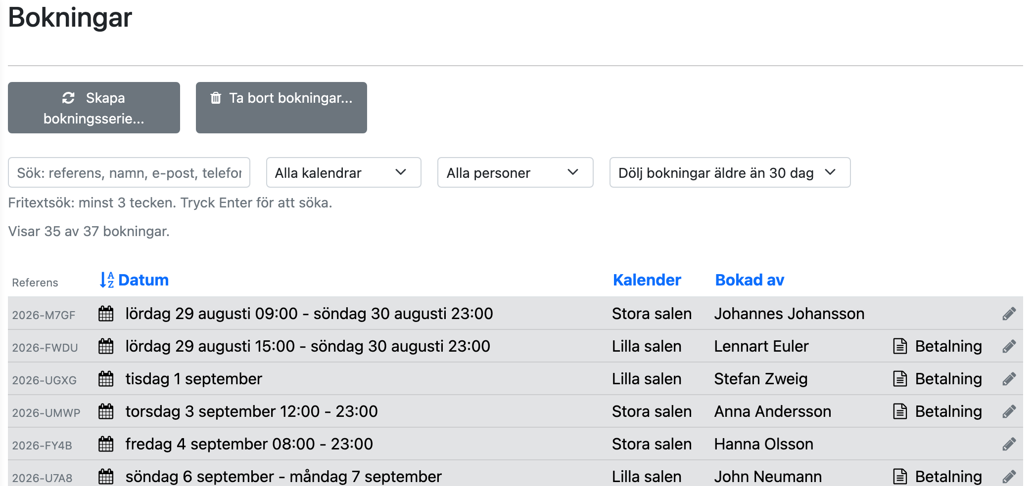 Bokningslistan med sökfält och filter