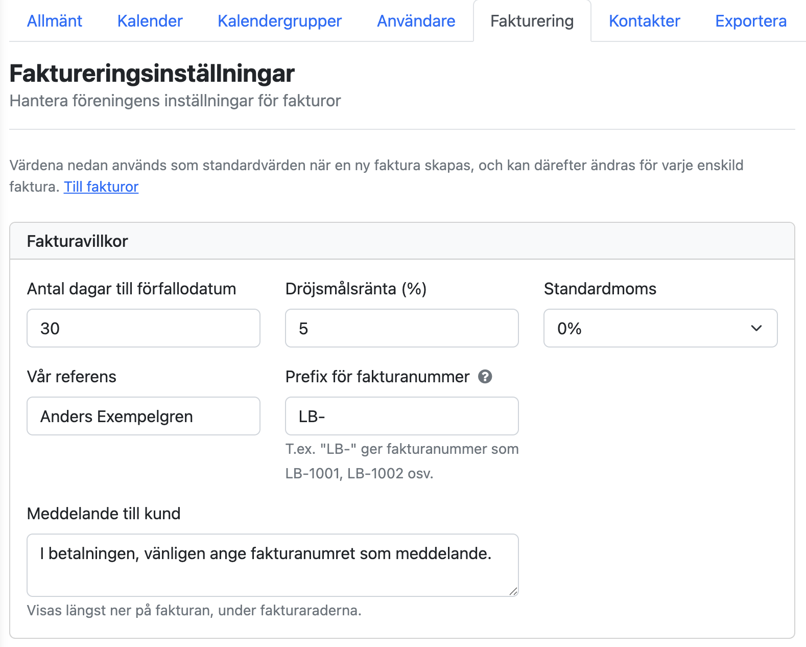 Fakturavillkor i faktureringsinställningarna