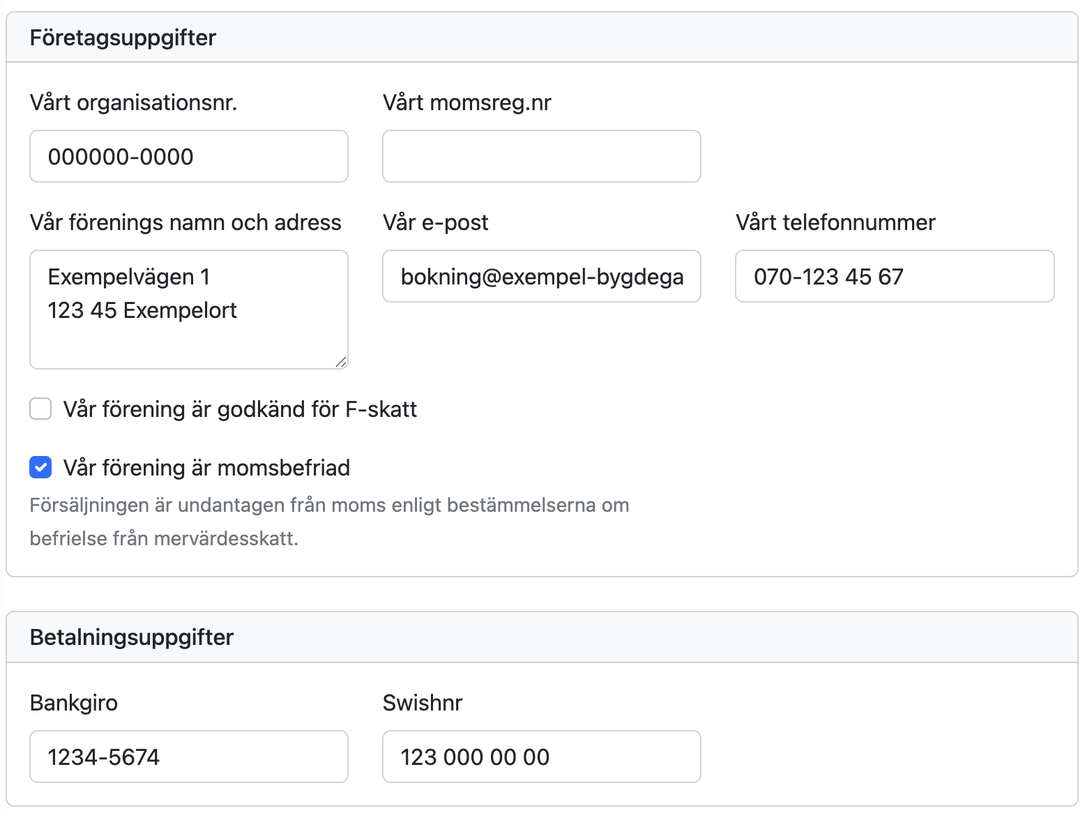 Företagsuppgifter och betalningsuppgifter i faktureringsinställningarna