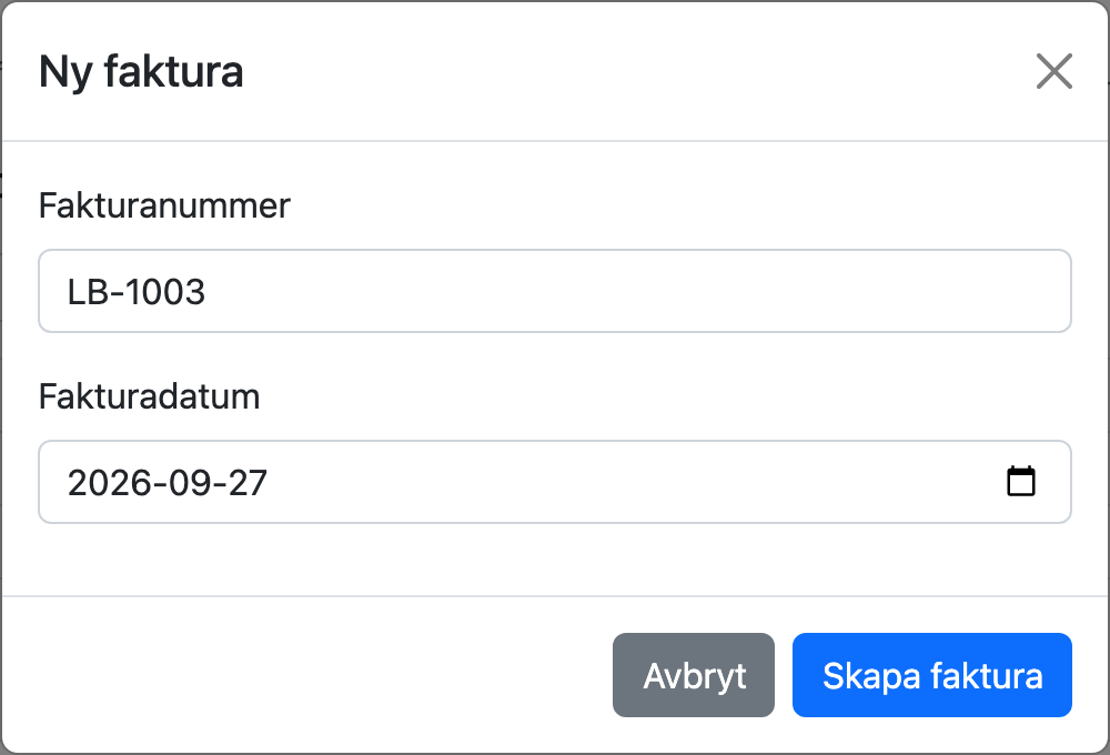 Dialogen Ny faktura med föreslaget fakturanummer
