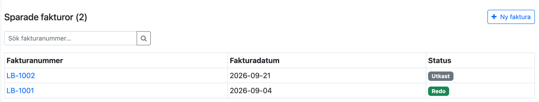Listan med sparade fakturor