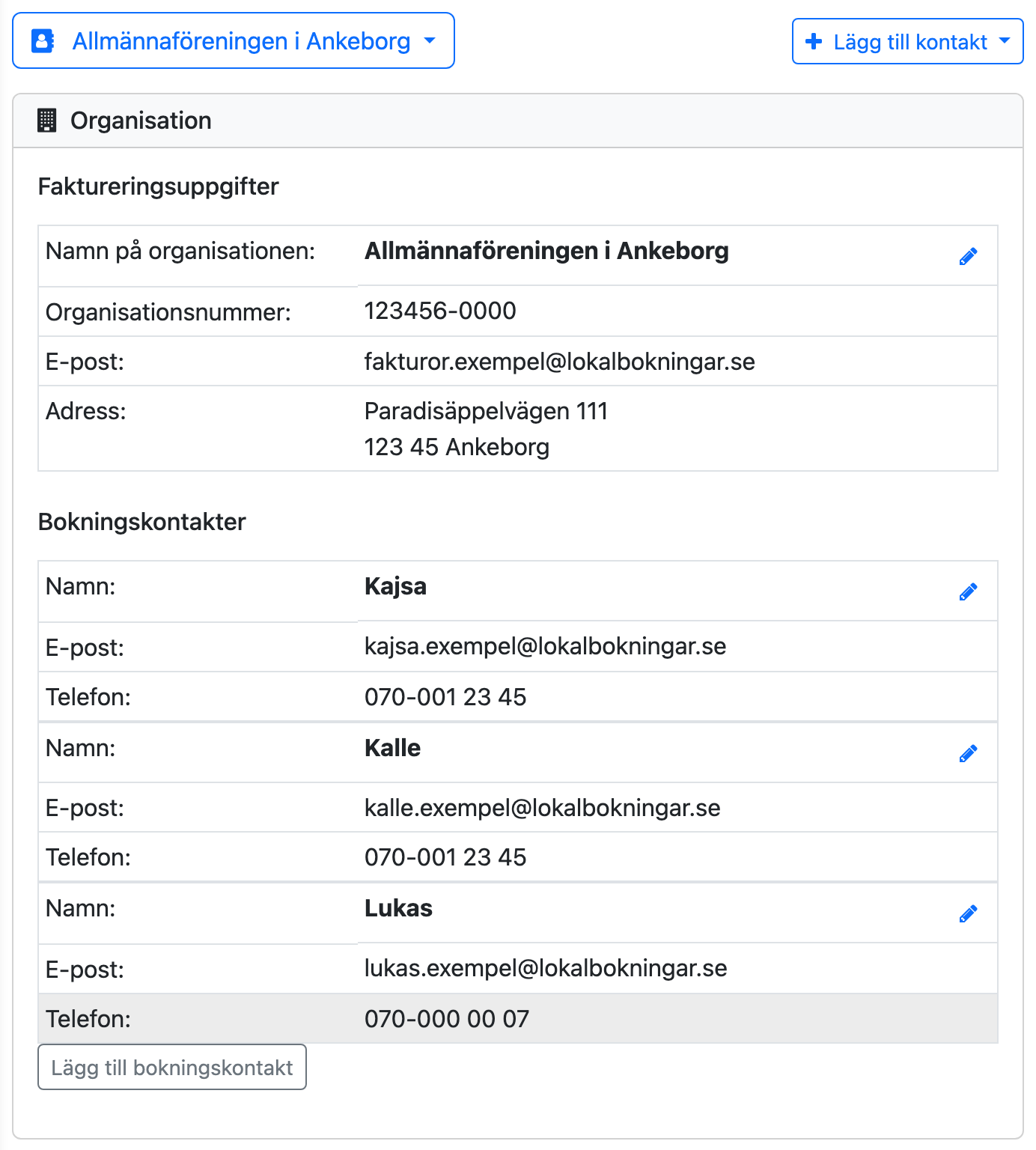 En sparad organisation med tre bokningskontakter