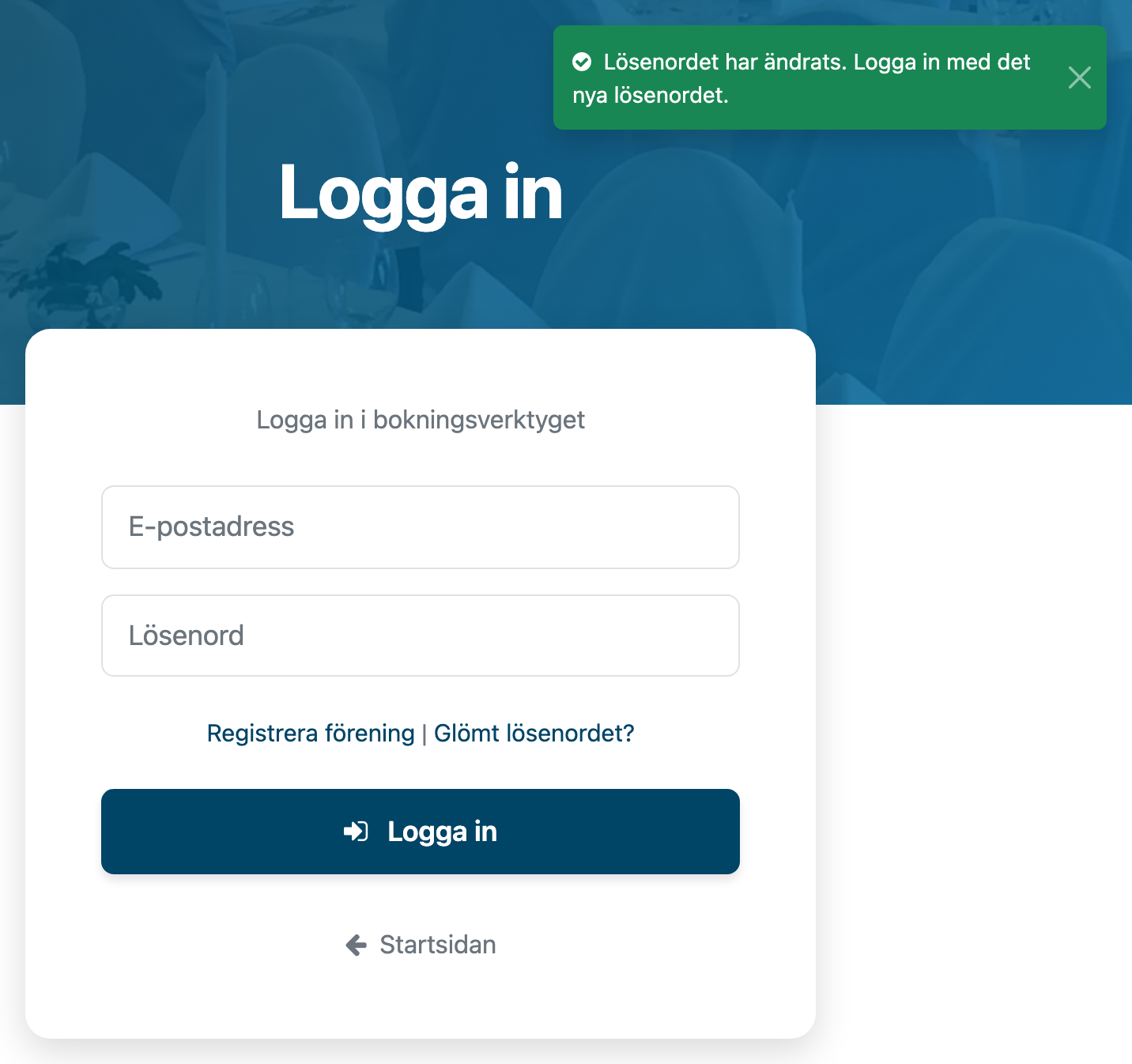 Bekräftelse om ändrat lösenord och inloggningsformulär
