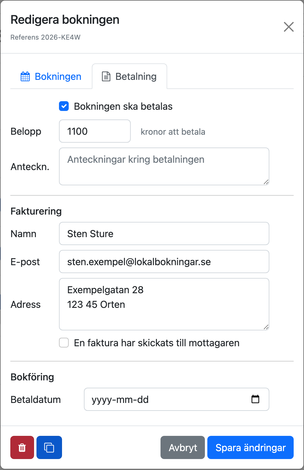 Fliken Betalning i dialogen Redigera bokningen