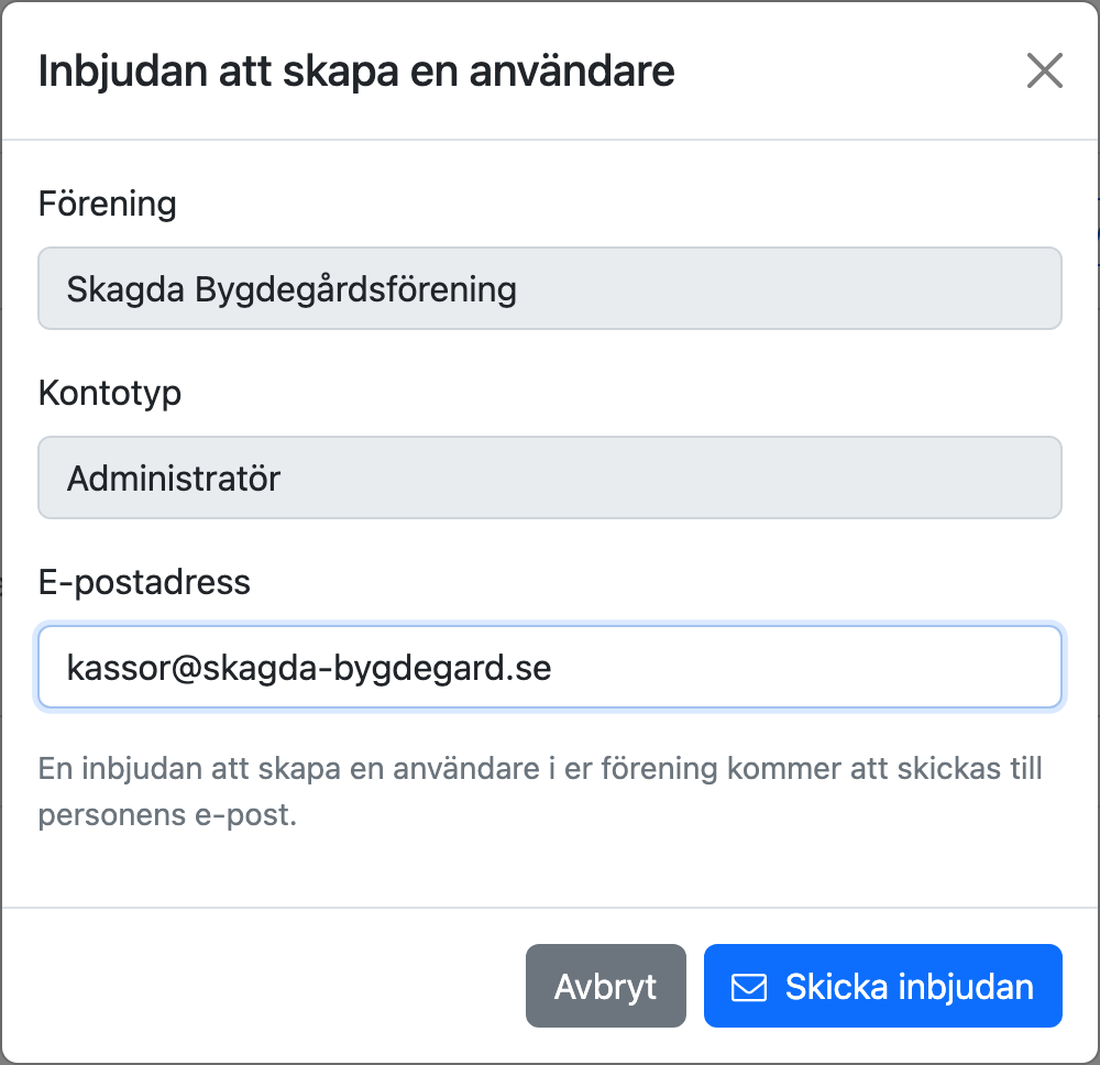 Dialogen Inbjudan att skapa en användare