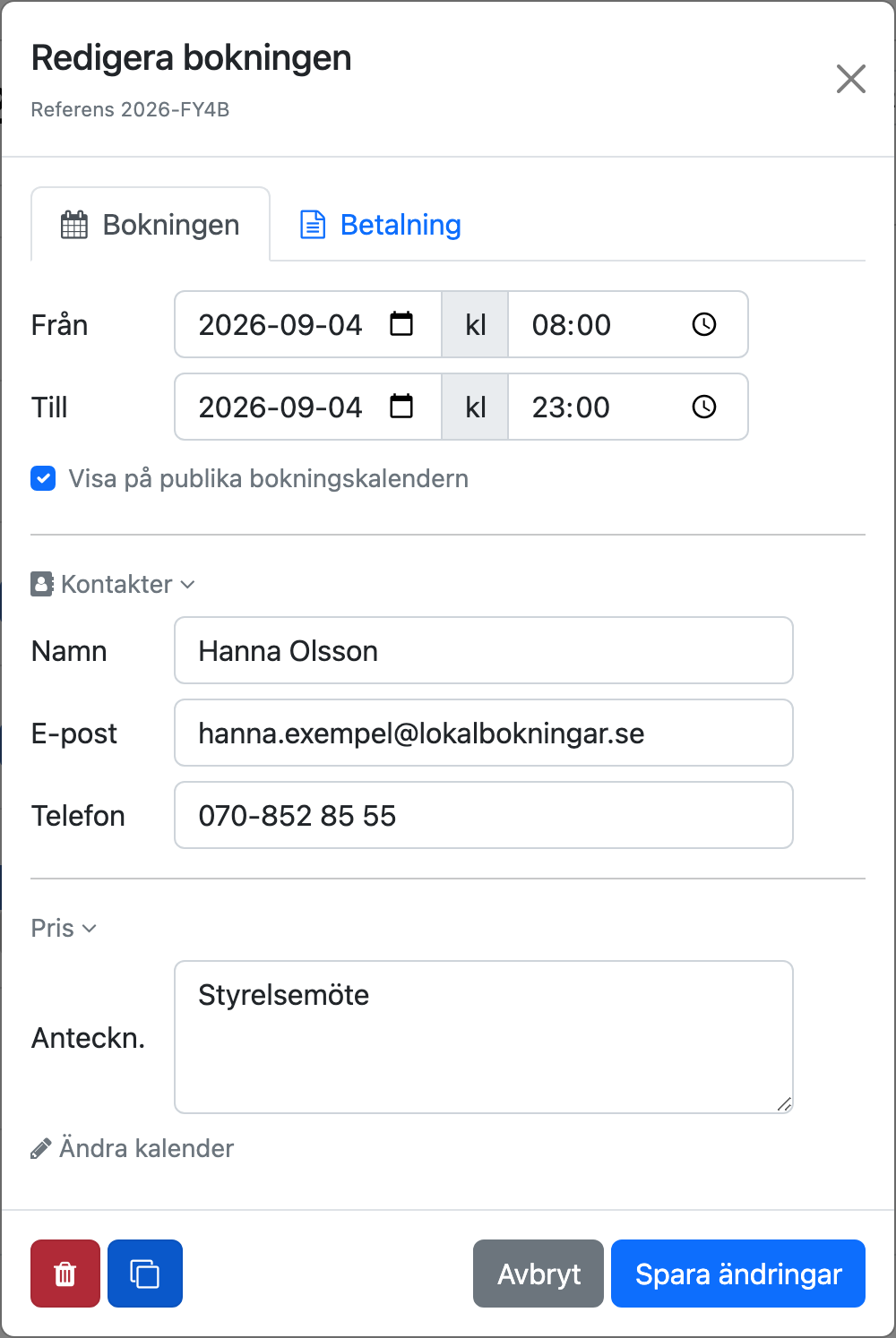 Dialogen Redigera bokningen
