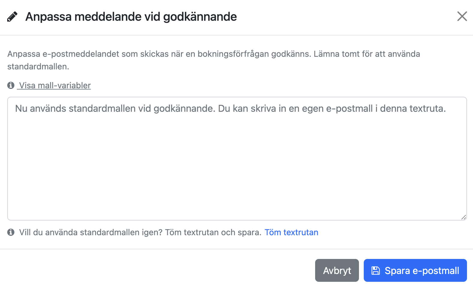 Dialogen Anpassa meddelande vid godkännande