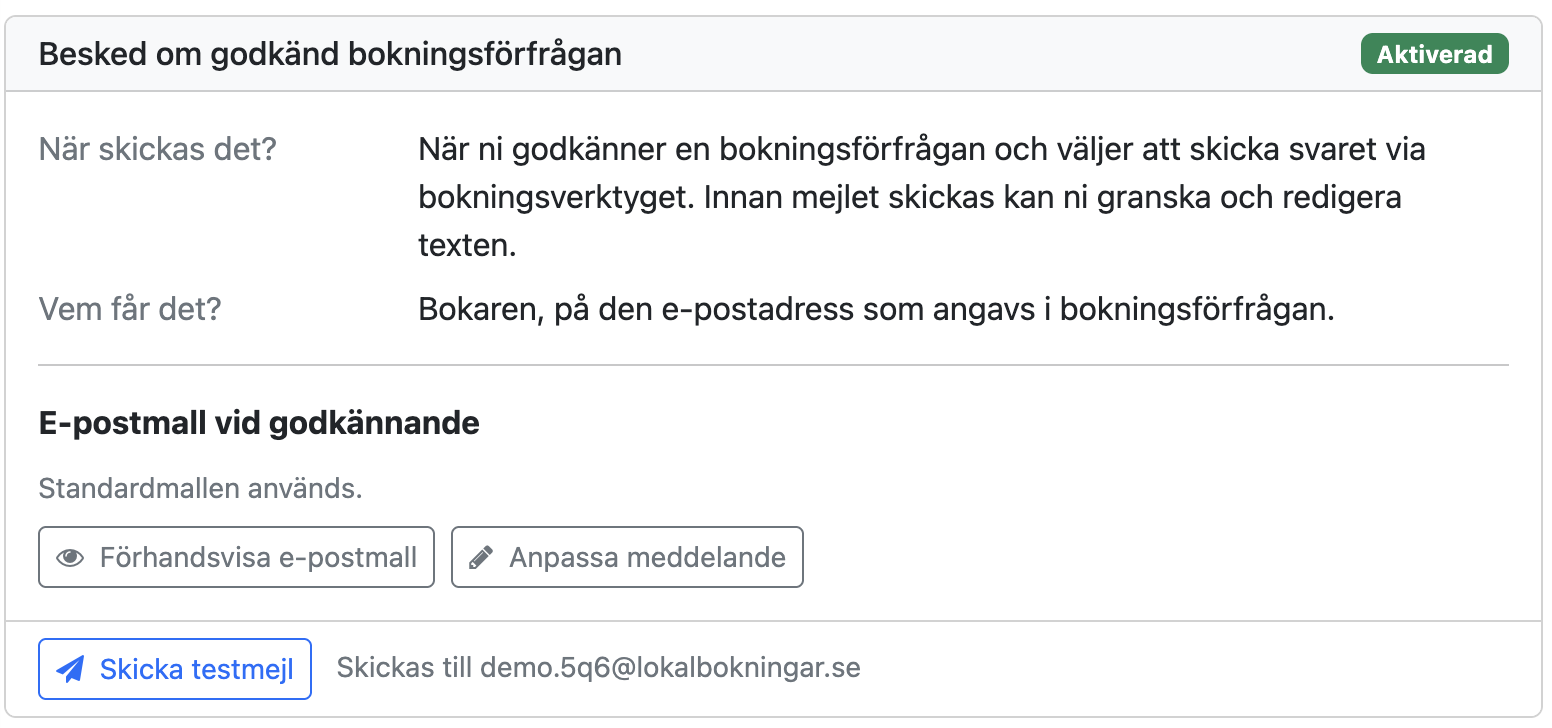 Rutan Besked om godkänd bokningsförfrågan under fliken E-post
