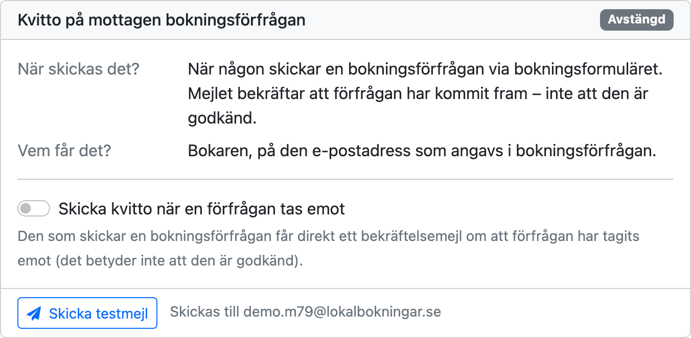 Rutan Kvitto på mottagen bokningsförfrågan under fliken E-post