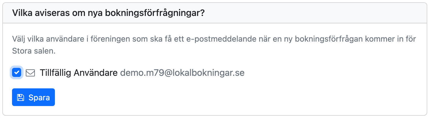 Lista över användare som får mejl om nya bokningsförfrågningar