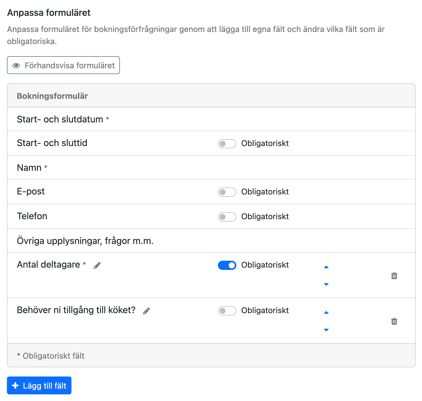 Formulärets fält under Anpassa formuläret
