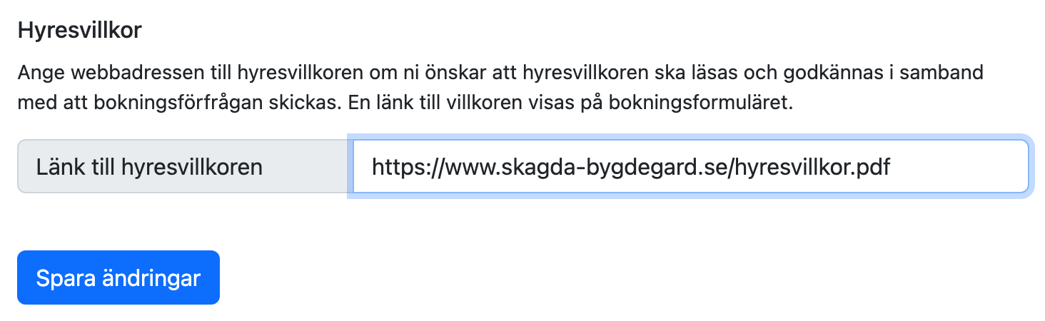 Fältet Länk till hyresvillkoren i kalenderns inställningar