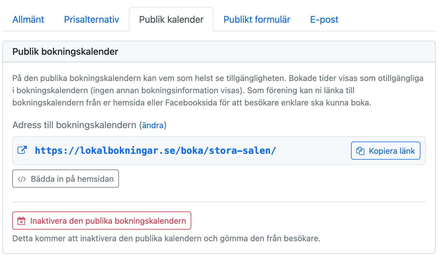 Adressen till bokningskalendern i kalenderns inställningar