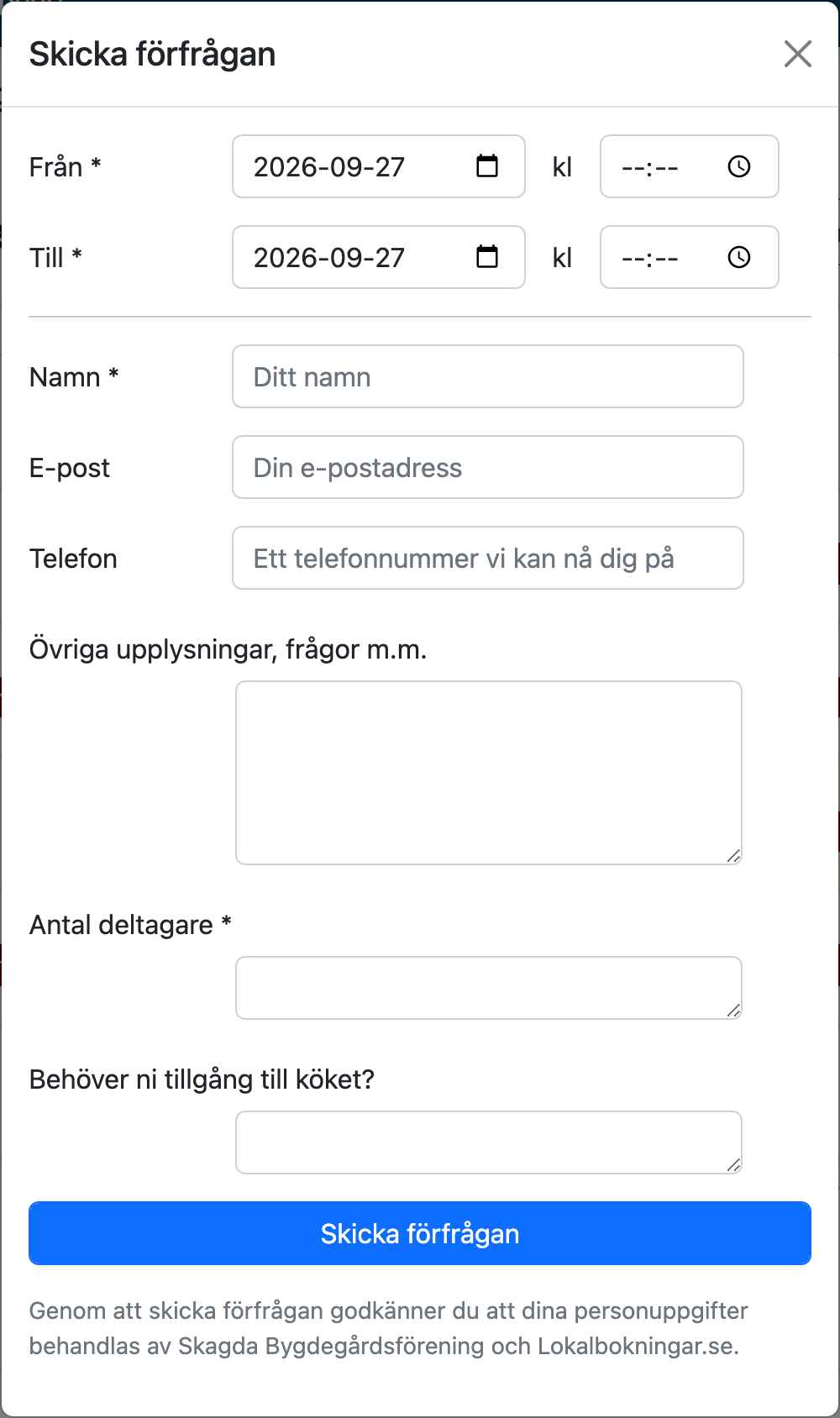 Bokningsformuläret som besökaren ser det, med de egna fälten Antal deltagare och Behöver ni tillgång till köket?