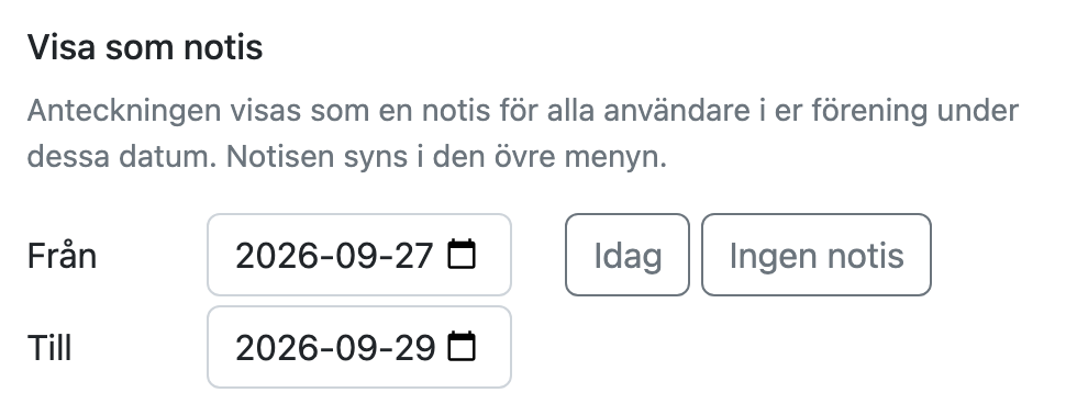Anteckning inställd att visas som notis under en tidsperiod